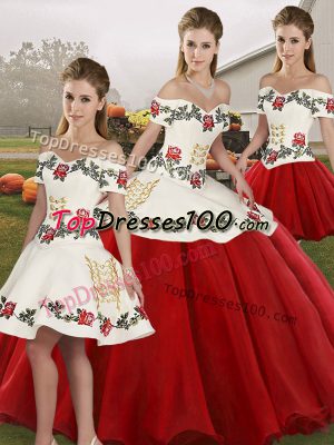 White And Red Organza Lace Up Off The Shoulder Sleeveless Floor Length Ball Gown Prom Dress Embroidery