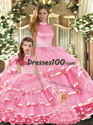 Ball Gowns Quince Ball Gowns Pink High-neck Organza Sleeveless Floor Length Lace Up