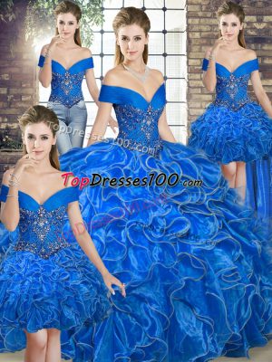 Royal Blue Ball Gowns Beading and Ruffles Quinceanera Gowns Lace Up Organza Sleeveless Floor Length