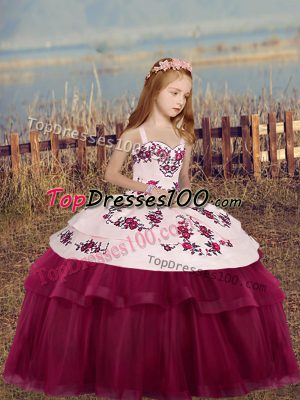 Hot Selling Fuchsia Straps Side Zipper Embroidery Girls Pageant Dresses Sleeveless