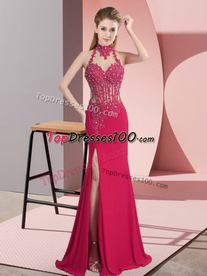Hot Pink Halter Top Backless Beading Juniors Evening Dress Sleeveless