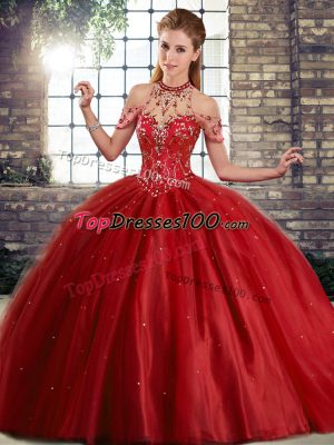 Halter Top Sleeveless Quinceanera Gown Brush Train Beading Wine Red Tulle