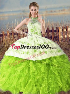 Fashionable Organza Lace Up Quinceanera Gown Sleeveless Floor Length Court Train Embroidery and Ruffles