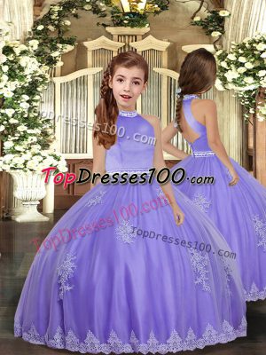 Custom Made Appliques Kids Formal Wear Lavender Backless Sleeveless Floor Length