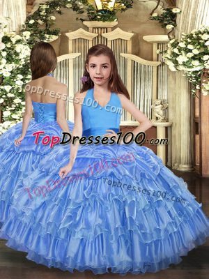 Hot Sale Blue Lace Up Halter Top Ruffled Layers Pageant Dress for Womens Organza Sleeveless