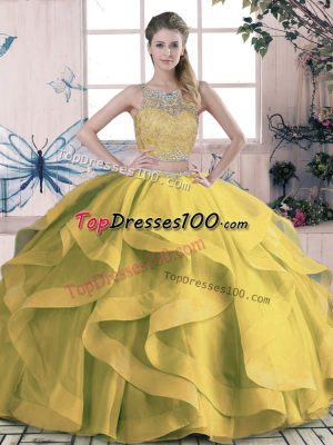 Pretty Olive Green Scoop Lace Up Beading and Ruffles Sweet 16 Quinceanera Dress Sleeveless