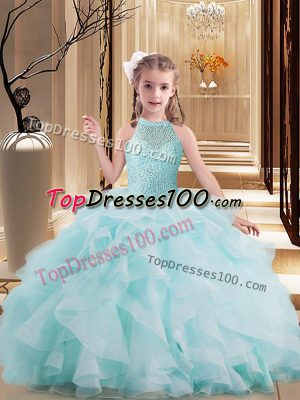 Super Light Blue Sleeveless Tulle Brush Train Lace Up Girls Pageant Dresses for Party and Sweet 16 and Wedding Party