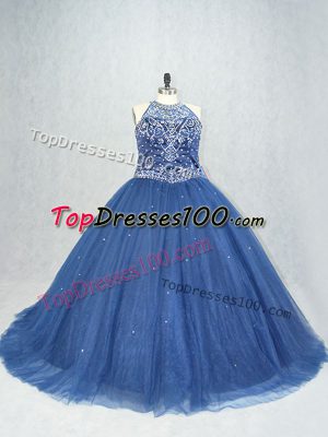 Customized Sleeveless Brush Train Beading Lace Up Vestidos de Quinceanera