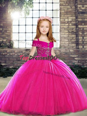 Perfect Fuchsia Tulle Lace Up Straps Sleeveless Little Girls Pageant Gowns Brush Train Beading