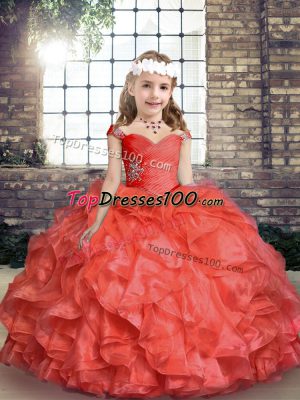 Coral Red Straps Neckline Beading and Ruching Girls Pageant Dresses Sleeveless Lace Up