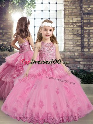 Beading and Appliques Kids Pageant Dress Lilac Lace Up Sleeveless Floor Length