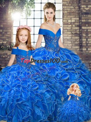 Beading and Ruffles Vestidos de Quinceanera Royal Blue Lace Up Sleeveless Floor Length