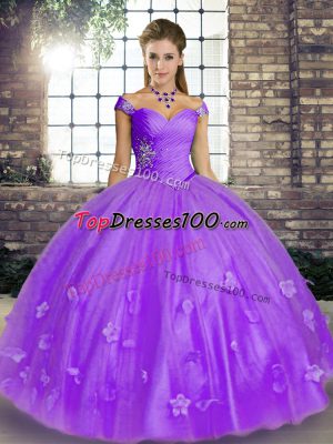 Off The Shoulder Sleeveless Tulle Quince Ball Gowns Beading and Appliques Lace Up