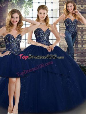 Dazzling Navy Blue Ball Gown Prom Dress Military Ball and Sweet 16 and Quinceanera with Beading Sweetheart Sleeveless Lace Up