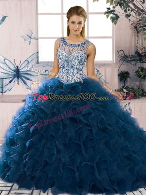 Navy Blue Sleeveless Floor Length Beading and Ruffles Lace Up Quinceanera Gowns