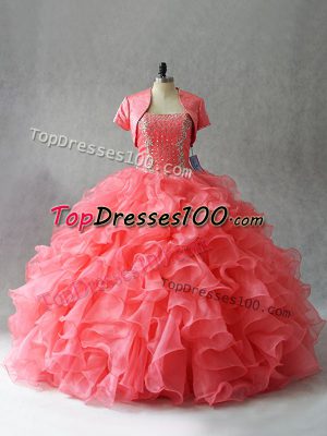 Watermelon Red Strapless Neckline Beading Quince Ball Gowns Sleeveless Lace Up