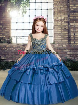Amazing Straps Sleeveless Little Girls Pageant Dress Wholesale Floor Length Beading Blue Taffeta