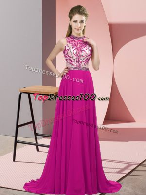 Nice Fuchsia Sleeveless Chiffon Brush Train Backless for Prom and Party