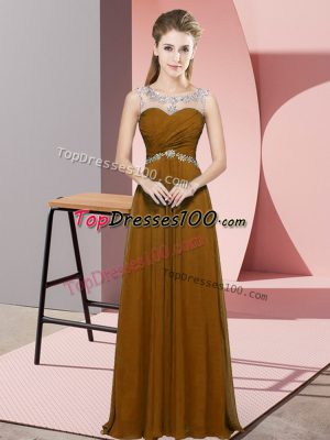 Sumptuous Brown Empire Chiffon Scoop Sleeveless Beading and Ruching Floor Length Backless Going Out Dresses