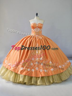 Floor Length Orange Sweet 16 Dresses Satin and Organza Sleeveless Embroidery and Ruffled Layers