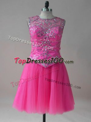 Classical Mini Length Hot Pink Prom Gown Tulle Sleeveless Beading