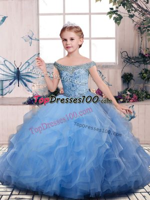 Blue Sleeveless Beading and Ruffles Floor Length Kids Pageant Dress