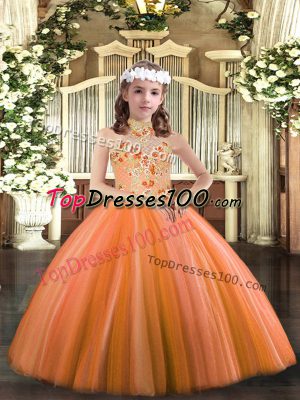 Simple Orange Halter Top Neckline Appliques Little Girls Pageant Dress Sleeveless Lace Up