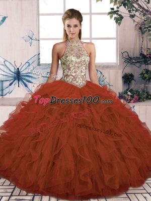 Rust Red Sleeveless Tulle Lace Up Sweet 16 Dress for Military Ball and Sweet 16 and Quinceanera