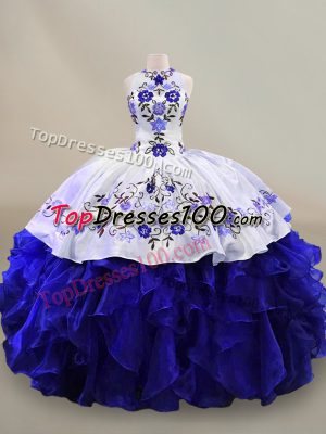 Blue And White Organza Lace Up Sweet 16 Quinceanera Dress Sleeveless Floor Length Embroidery and Ruffles