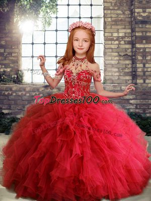 Great Red Kids Formal Wear Party and Military Ball and Wedding Party with Ruffles Scoop Sleeveless Lace Up