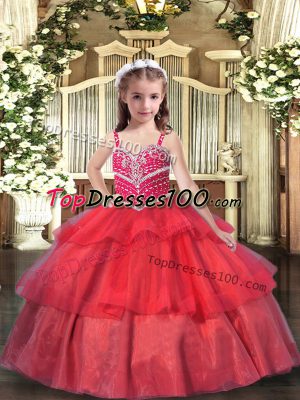 Sleeveless Floor Length Beading and Ruffled Layers Lace Up Kids Pageant Dress with Red