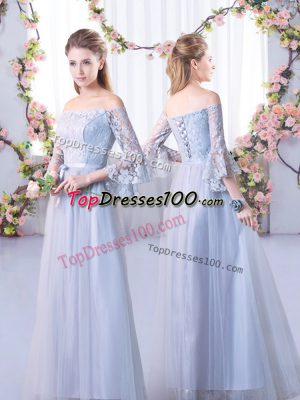 Lovely Grey Off The Shoulder Neckline Lace Bridesmaid Gown 3 4 Length Sleeve Lace Up