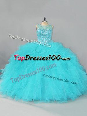 Pretty Aqua Blue Sleeveless Floor Length Beading and Ruffles Lace Up Sweet 16 Dresses