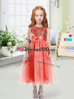 Organza Sleeveless Tea Length Toddler Flower Girl Dress and Sequins and Hand Made Flower