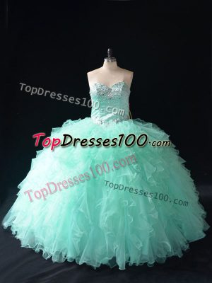 Custom Fit Floor Length Apple Green Quinceanera Dress Tulle Sleeveless Beading and Ruffles