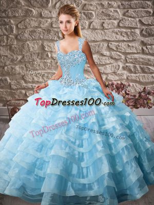 Simple Blue Straps Neckline Beading and Ruffled Layers Quinceanera Gown Sleeveless Lace Up