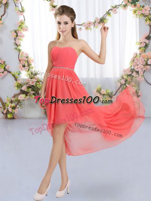 Customized Watermelon Red Bridesmaid Gown Wedding Party with Beading Strapless Sleeveless Lace Up