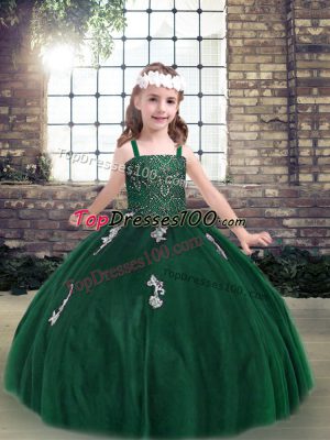 Luxurious Dark Green Little Girls Pageant Gowns Party and Military Ball and Wedding Party with Appliques Straps Sleeveless Lace Up