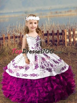Sleeveless Lace Up Floor Length Embroidery and Ruffles Little Girls Pageant Gowns