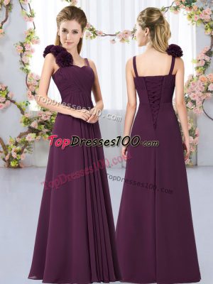 Low Price Dark Purple Lace Up Wedding Guest Dresses Hand Made Flower Sleeveless Floor Length