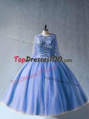 Modern Blue Long Sleeves Tulle Lace Up Sweet 16 Dresses for Sweet 16 and Quinceanera