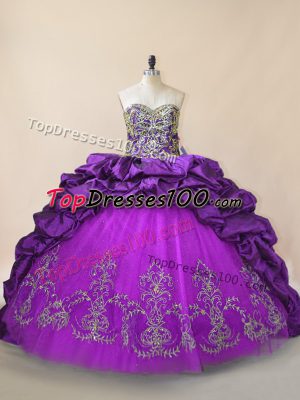 Nice Purple Sweetheart Lace Up Beading and Pick Ups Sweet 16 Dress Brush Train Sleeveless