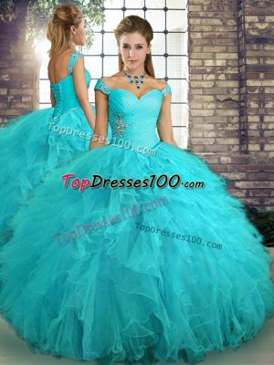 Sleeveless Tulle Floor Length Lace Up Quinceanera Dress in Aqua Blue with Beading and Ruffles