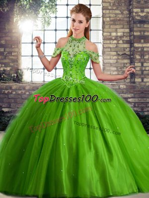 Glittering Halter Top Sleeveless Tulle Ball Gown Prom Dress Beading Brush Train Lace Up