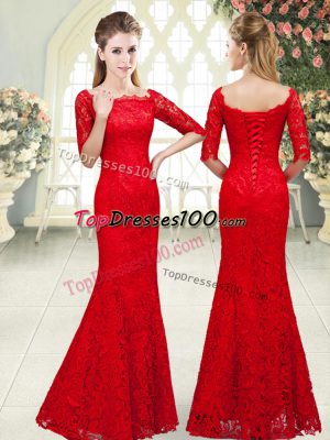 Red Mermaid Beading Evening Dress Lace Up Lace 3 4 Length Sleeve Floor Length