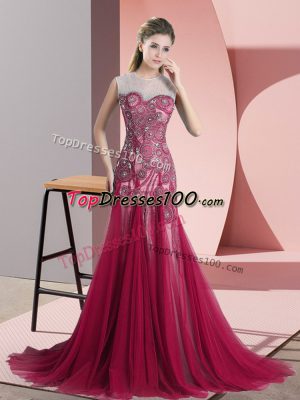 Exquisite Red Tulle Backless Scoop Sleeveless Dress for Prom Sweep Train Beading and Appliques