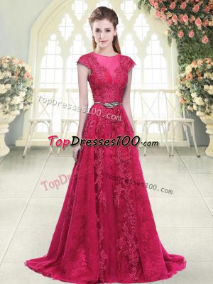 Edgy Pink A-line Tulle Scoop Cap Sleeves Beading and Lace and Appliques Zipper Casual Dresses Sweep Train