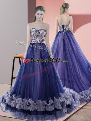 Blue Dress for Prom Prom and Party and Military Ball with Beading Sweetheart Sleeveless Sweep Train Lace Up