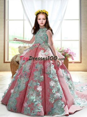 Watermelon Red Sleeveless Appliques Backless Little Girl Pageant Dress