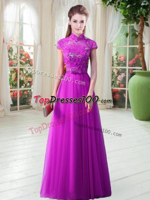 Modest Purple Tulle Lace Up High-neck Cap Sleeves Floor Length Evening Dress Appliques and Belt